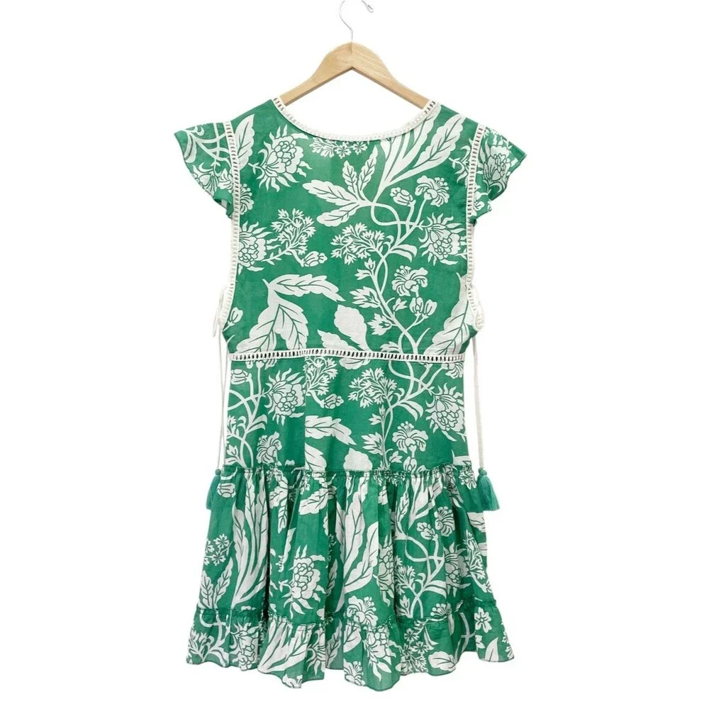 Z&L Europe Green White Floral Print Boho Mini Dress Tassel Tie Cotton Sz Medium